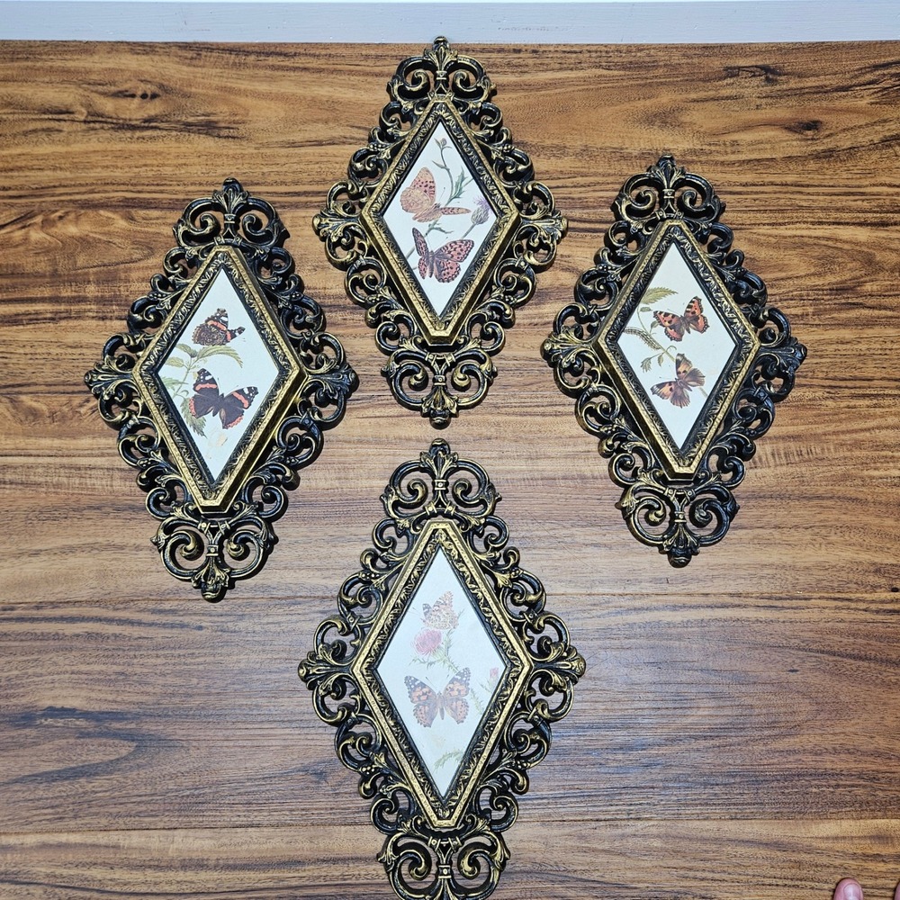 Vintage 1976 Burwood Products Butterfly Wall Plaques Set of 4 Diamond Gold Black